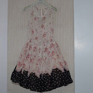 RED Valentino chiffon Silk Cream Pnk Black floral polka dot tea dress Size:42